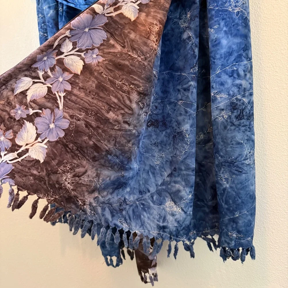 Batik Floral Silky Tassel Fringe Shawl Scarf Blue Brown Tie Dye 60 Inch